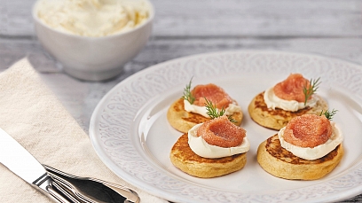 Potato-buckwheat pancakes with mascarpone and pollock caviar