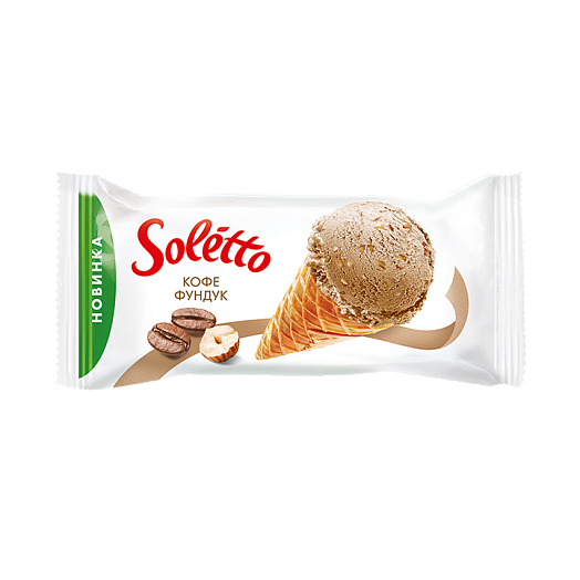 Frozen dessert with coffee flavour, crushed hazelnut roasted caramelised and fat glaze in wafer sugar cone "SOLETTO COFFEEHAZELNUT"