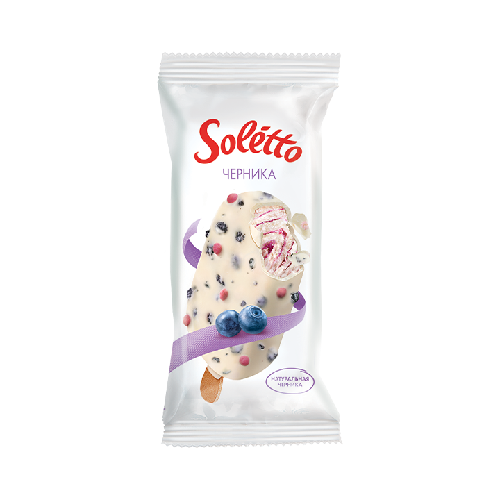 Vanilla-flavoured milk ice cream with blueberry filling in yoghurt-flavoured fat glaze with biscuit pieces and dried blueberrieseskimo ''SOLETTO BLACKBERRY'' 1/75