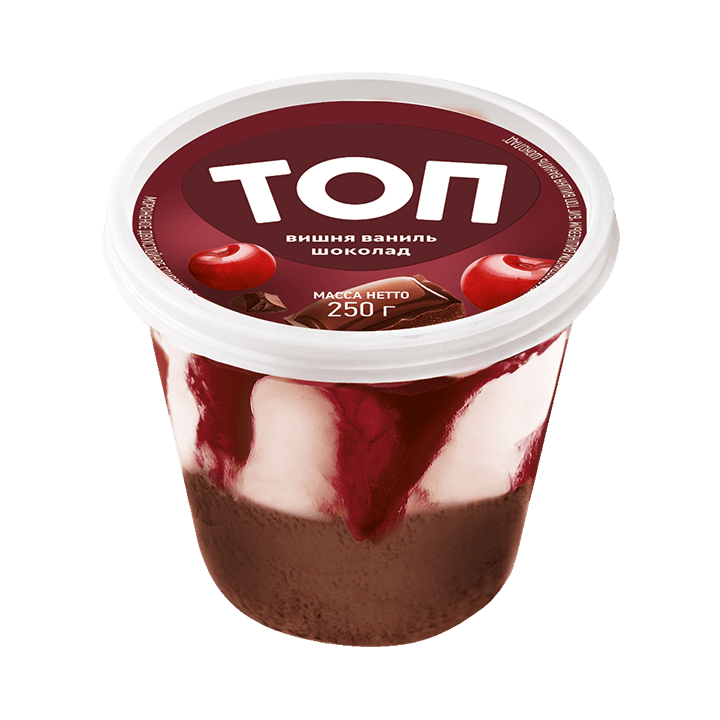 "BIG TOP CHERRY VANILLA CHOCOLATE" Cream two-layered chocolate vanilla flavored ice cream with cherry topping and vanilla flavor decorated cherry topping 250 g