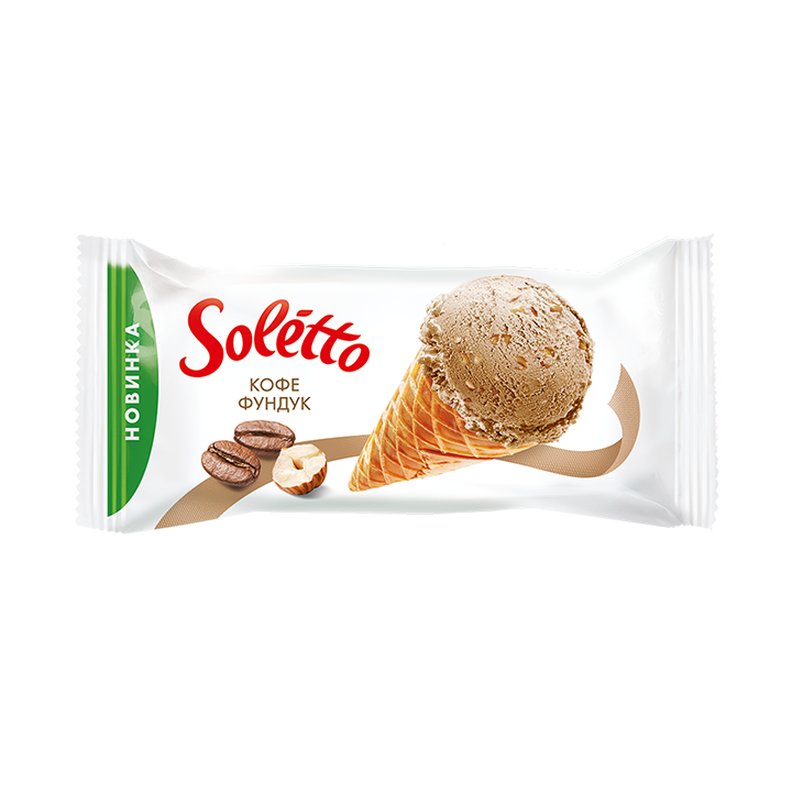 Frozen dessert with coffee flavour, crushed hazelnut roasted caramelised and fat glaze in wafer sugar cone "SOLETTO COFFEEHAZELNUT"