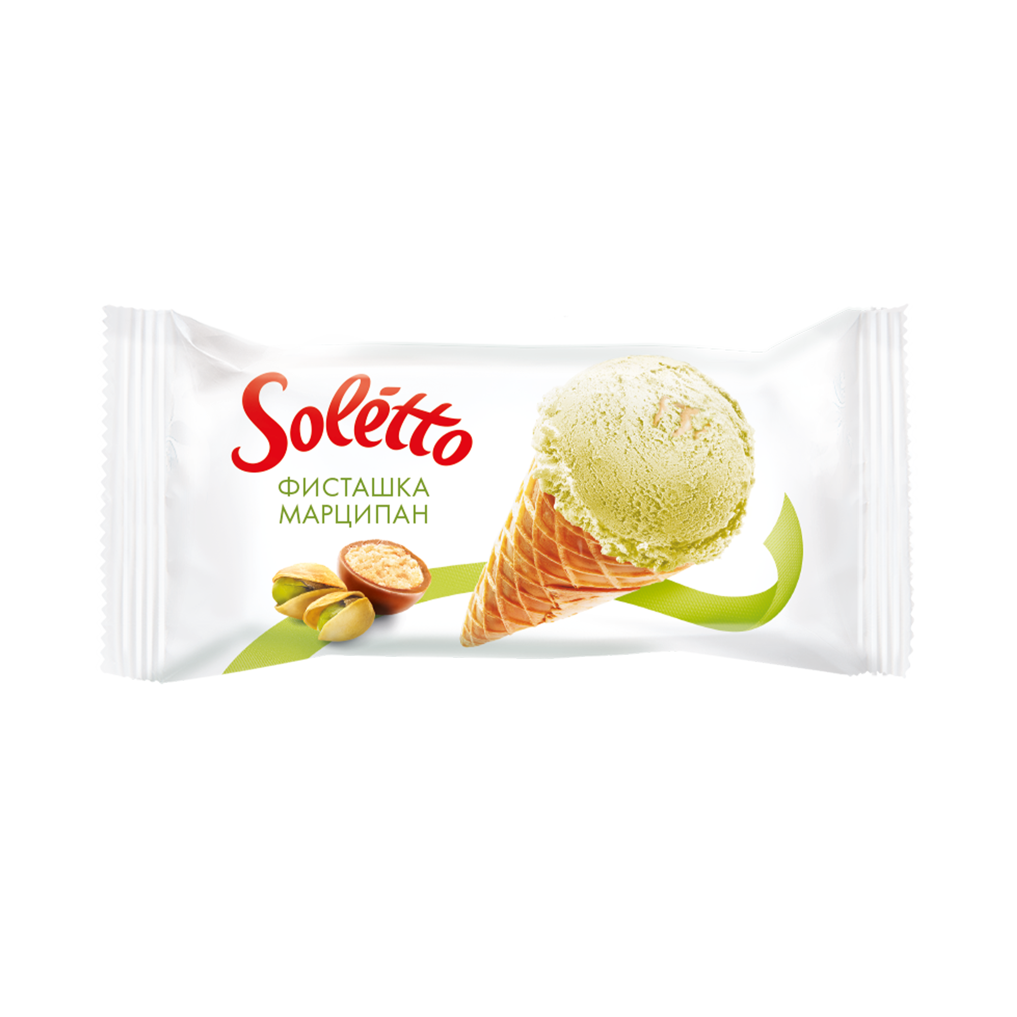 "SOLETTO PISTACHIO AND MARZIPAN'' Cream pistachio ice-cream with milk filling and marzipan flavour, with confectionary glaze in sugar wafer cone 75 g