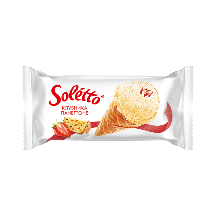 Frozen dessert with panettone flavor, salted strawberry filling in a sugar waffle cone with fatty glaze "SOLETTO® PANETTONE-STRAWBERRY", 1/75г