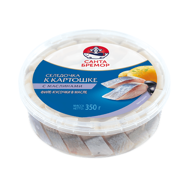 Herring fillet pieces "Santa Bremor" with black olives, in oil 350 g