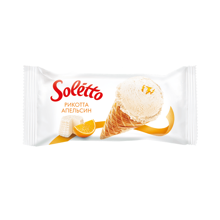 "SOLETTO RICOTTA ORANGE'' Cream ice-cream with ''ricotta'' flavour, orange filling and cocoa containing glaze with cinnamon extract in sugar wafer cone 75 g