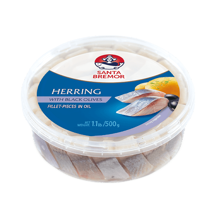 Herring fillet pieces "Santa Bremor" with black olives, in oil 500 g
