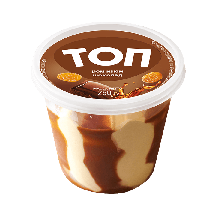 ''BIG TOP ROM RAISINS CHOCOLATE'' Cream ice cream with rum flavor and raisins, decorated with milk cocoa-containing topping 250 g