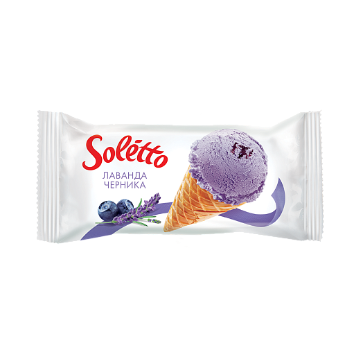 "SOLETTO LAVENDER BLUEBERRY" Cream ice cream with lavender and cheesecake flavour, blueberry jam and confectionery glaze in sugar wafer cone 75 g