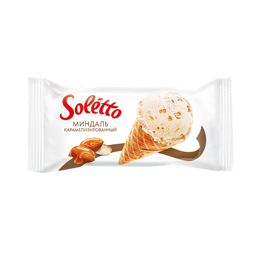 "SOLETTO CARAMELISED ALMOND'' Cream ice-cream with almond and lemon flavour, caramelised crushed roasted almond and confectionary glaze in sugar wafer cone 75 g
