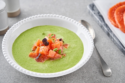 Cold cucumber gazpacho with smoked salmon