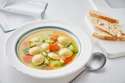 Fragrant broth with vegetables and dumplings