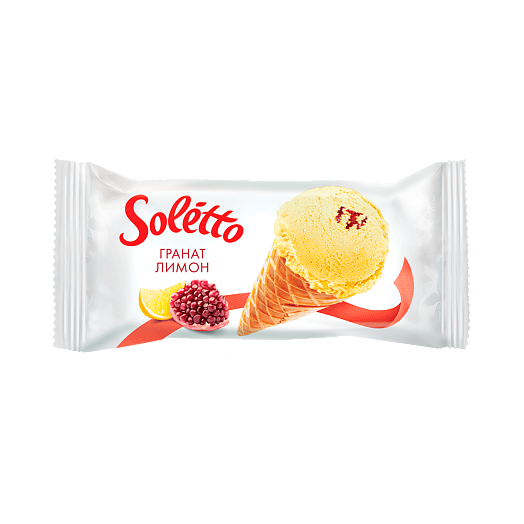 "SOLETTO POMEGRANATE LEMON'' Cream fruit ice cream with ''lemon-lime'' flavour, raspberry-pomegranate filling and confectionary glaze in wafer sugar cone 75 g