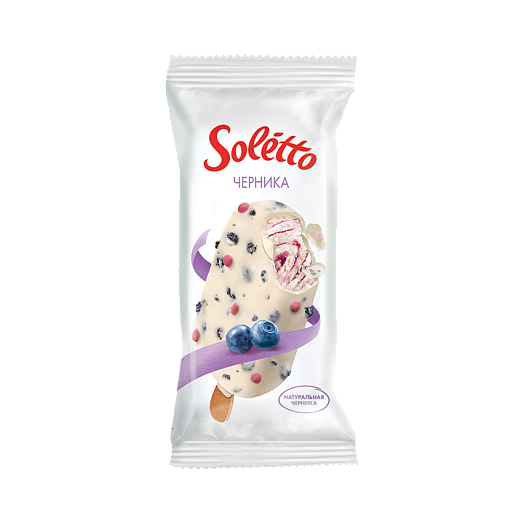 Vanilla-flavoured milk ice cream with blueberry filling in yoghurt-flavoured fat glaze with biscuit pieces and dried blueberrieseskimo ''SOLETTO BLACKBERRY'' 1/75