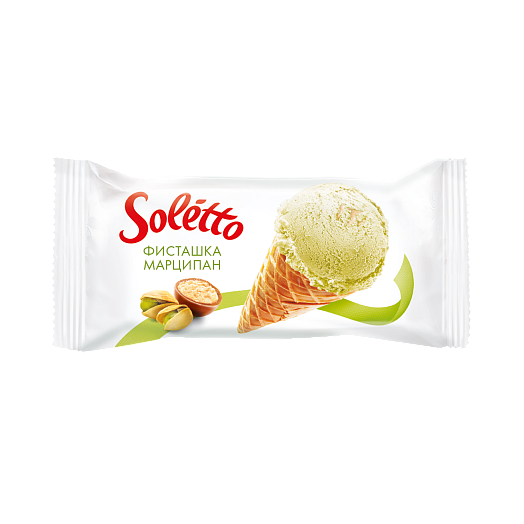 "SOLETTO PISTACHIO AND MARZIPAN'' Cream pistachio ice-cream with milk filling and marzipan flavour, with confectionary glaze in sugar wafer cone 75 g