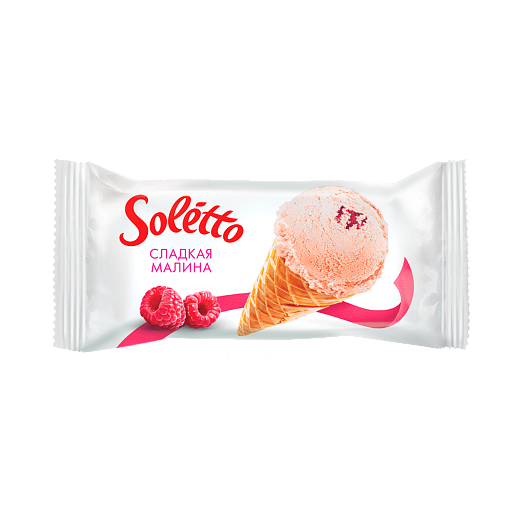 "SOLETTO SWEET RASPBERRY" Cream ice cream with "panna-cotta" flavour, raspberry filling and confectionary glaze in wafer sugar cone 75 g